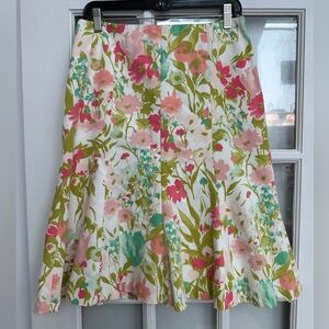 Kate Hill Pink & Green Floral Garden Cotton A-Line Flare Midi Skirt Size 4 S